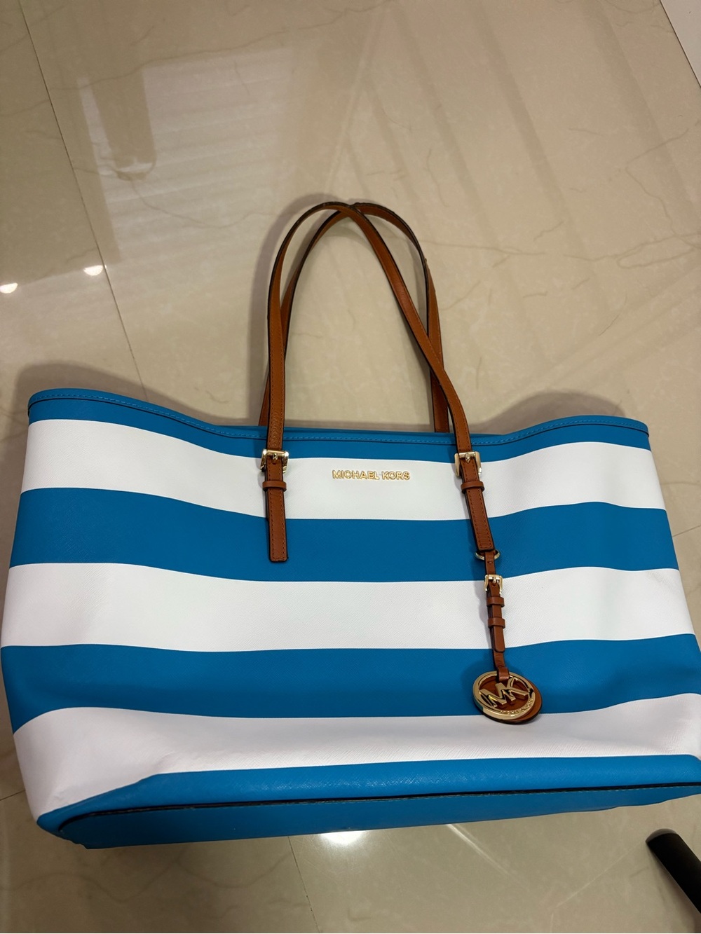 Brand new Michael Kors Turquoise and White Striped Tote